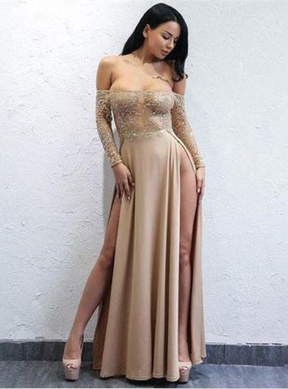 Sexy Long Sleeves Split Side Long Prom Dresses with Appliques, TYP1581