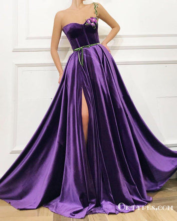 Purple Sweetheart One Shoulder Side Slit Long Prom Dresses, TYP1783