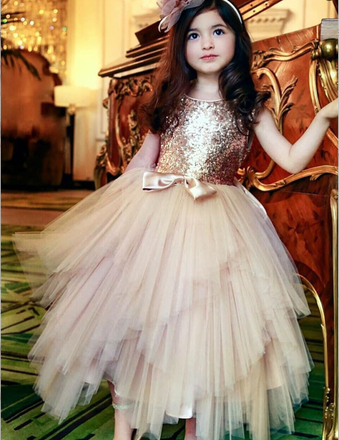 A-Line Round Neck Gold Tulle Flower Girl Dresses with Sequins&Bow Knot, TYP1330