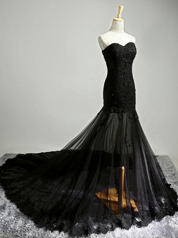 Black Sexy Sweetheart Sheath/Column Prom Dresses/Evening Dresses with Applique, TYP1346
