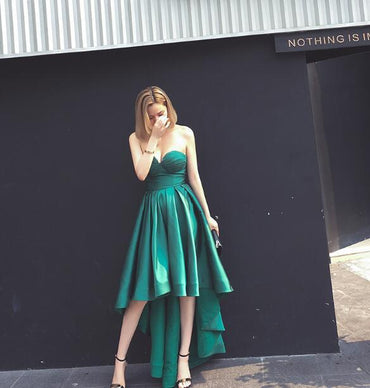 High Low  A-line Sweetheart Satin Hunter Long Prom Dresses Online, TYP1359