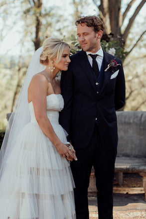 New Arrival Ivory Tulle Strapless Tiered A-line Long Cheap Wedding Dresses, WDS0023