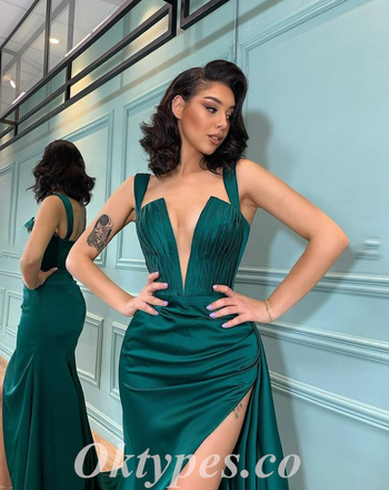 Sexy Satin Spaghetti Straps Deep V-Neck Side Slit Mermaid Prom Dresses,PDS0489