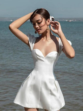 White Satin Sweetheart Off The Shoulder A Line Short Mini Homecoming Dresses, HDS0099