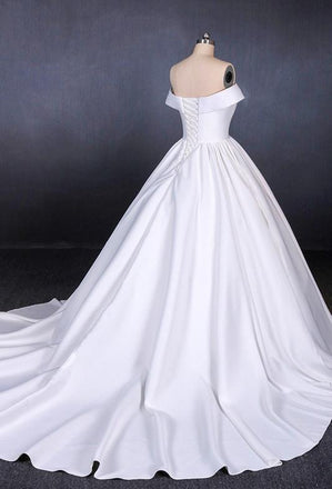 Off-The-Shoulder White Satin A-line Long Cheap Wedding Dresses, WDS0050