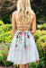 Modest A-Line Deep V Neck Backless White Short Homecoming Dresses with Embroidery, TYP1999