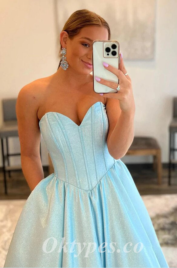 Simple Shiny Satin Sweetheart V-Neck A-Line Long Prom Dresses,PDS0733