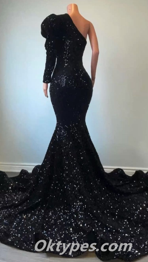 Elegant Sequin One Shoulder One sleeve Mermaid Long Floor Length Prom Dresses ,PDS0363