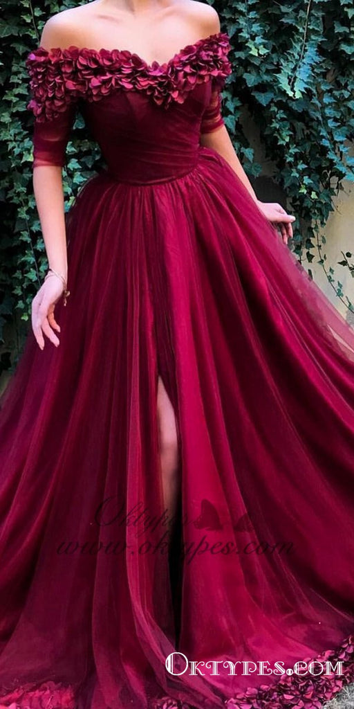 Burgundy Off the shoulder Half Sleeves A Line Tulle Long Prom Dresses, TYP1443