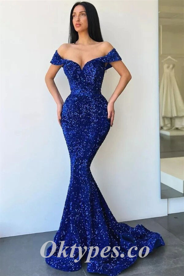 Sexy Royal Blue Sequin Off Shoulder V-Neck Sleeveless Mermaid Long Prom Dresses,PDS0752