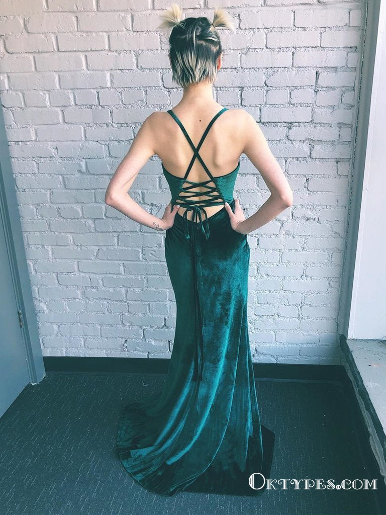 Sexy Fleece Spaghetti Straps Long Green Velvet Prom Dresses With Slit, TYP1634