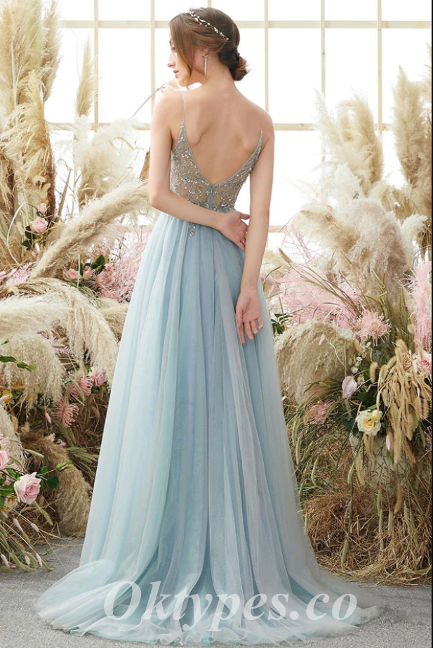 Elegant Tulle Spaghetti Straps V-Neck Side Slit A-Line Long Prom Dresses With Rhinestone,PDS0591