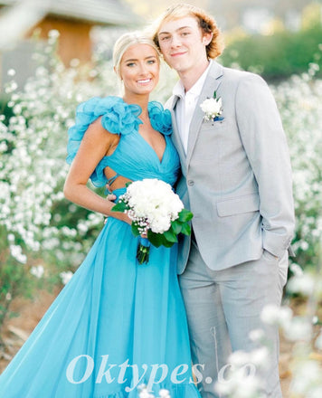 Sexy Chiffon Spaghetti Straps V-Neck Lace Up Back A-Line Long Prom Dresses, PDS0967