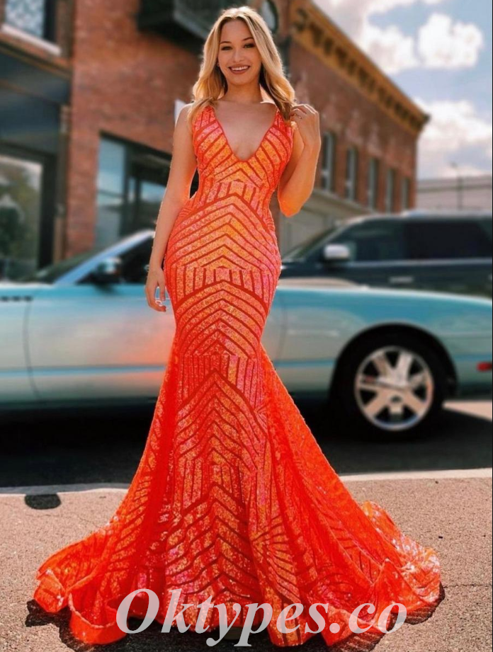 Sexy Shiny Sequin Spaghetti Straps V-Neck Sleeveless Mermaid Long Prom Dresses,PDS0582