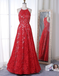 A-Line Jewel Sleeveless Long Cheap Red Lace Prom Dresses Online, TYP1303
