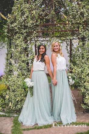 Simple Mismatched A-line Mint Tulle Long Cheap Bridesmaid Dresses, TYP1833