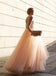 Blush Pink Charming A-line Spaghetti Strap V-neck Tulle Long Prom Dresses Gown, TYP1456