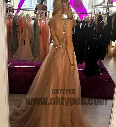 Sequins Beading Long Prom Dresses V-Neck Tulle A-Line Evening Formal Dresses, TYP0405