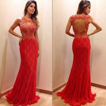 Red Long Prom Dresses, Elegant Lace Prom Dresses, Beading Prom Dresses, Open-back Prom Dresses, TYP0081