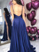 Royal Blue Spaghetti Strap A Line Side Slit Simple Long Bridesmaid Prom Dresses, TYP1441