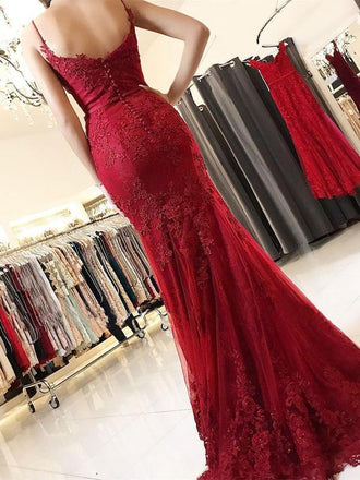 Burgundy Spaghetti Strap Lace Appliqued Long Mermaid Prom Dresses, TYP1453