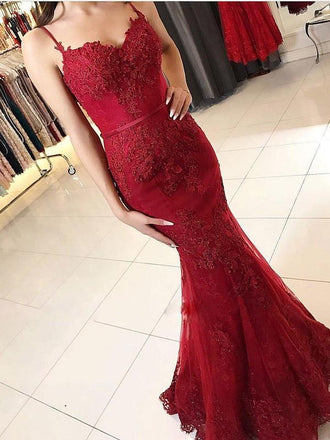 Burgundy Spaghetti Strap Lace Appliqued Long Mermaid Prom Dresses, TYP1453