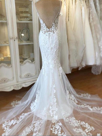 Spaghetti Strap Lace Mermaid Tulle Applique Ivory Wedding Dresses, TYP1481