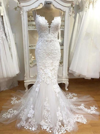 Spaghetti Strap Lace Mermaid Tulle Applique Ivory Wedding Dresses, TYP1481