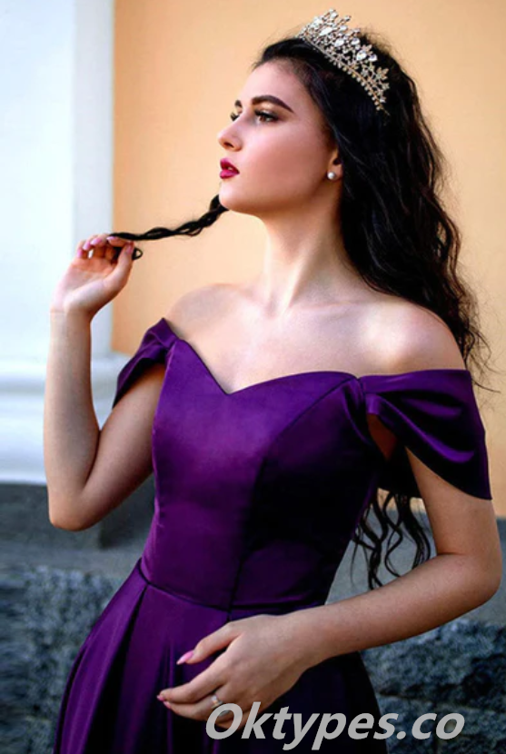 Elegant Purple Satin Off Shoulder V-Neck A-Line With Side Slit Long Prom Dresses,PDS0433