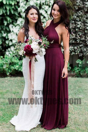 Charming Burgundy A-Line Halter Backless Maroon Chiffon Bridesmaid Dress with Sash, TYP0466
