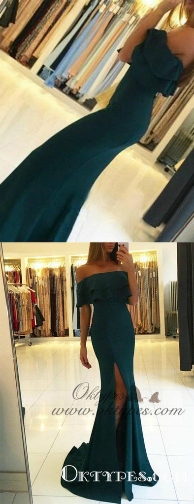 Teal Off Shoulder Long Cheap Mermaid Jersey Prom Dresses With Slit, TYP1611