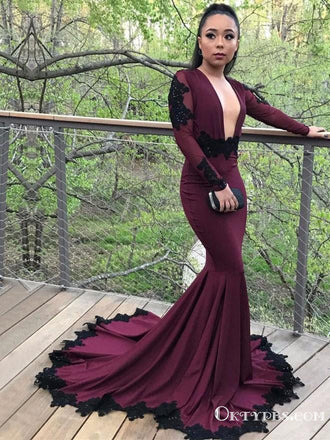 Mermaid Burgundy Long Sleeve Modest Cheap Long Prom Dresses, TYP1915