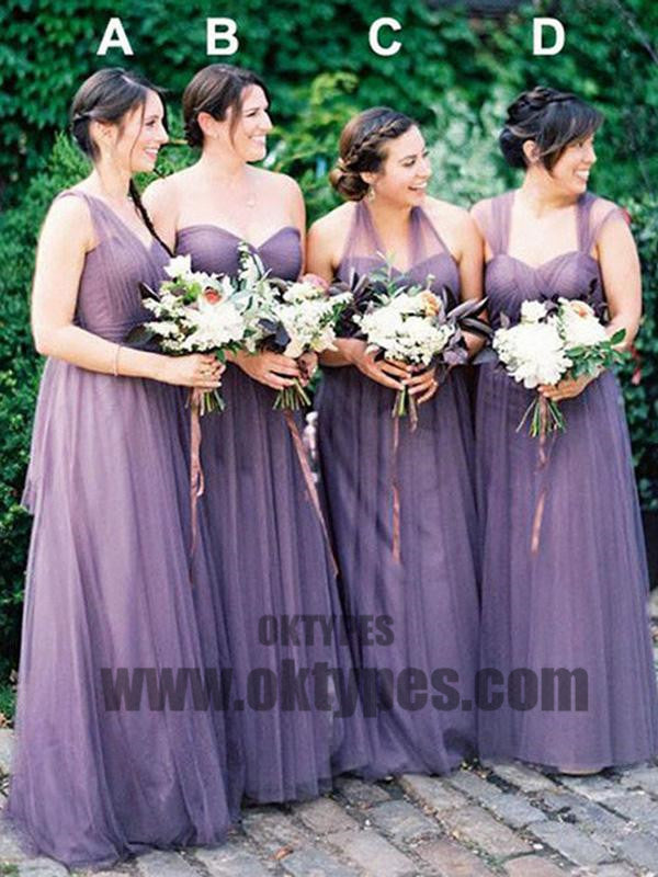 A-line One Shoulder Floor-length Sleeveless Tulle Bridesmaid Dresses, TYP0379