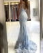 Elegant Blue Lace Spaghetti Straps Sleeveless Mermaid Long Prom Dresses,PDS0438