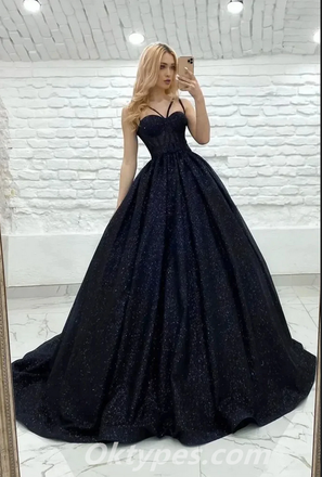Elegant Black Sequin Tulle Spaghetti Straps A-Line Long Prom Dresses/Graduation Evening Dresses,PDS0405