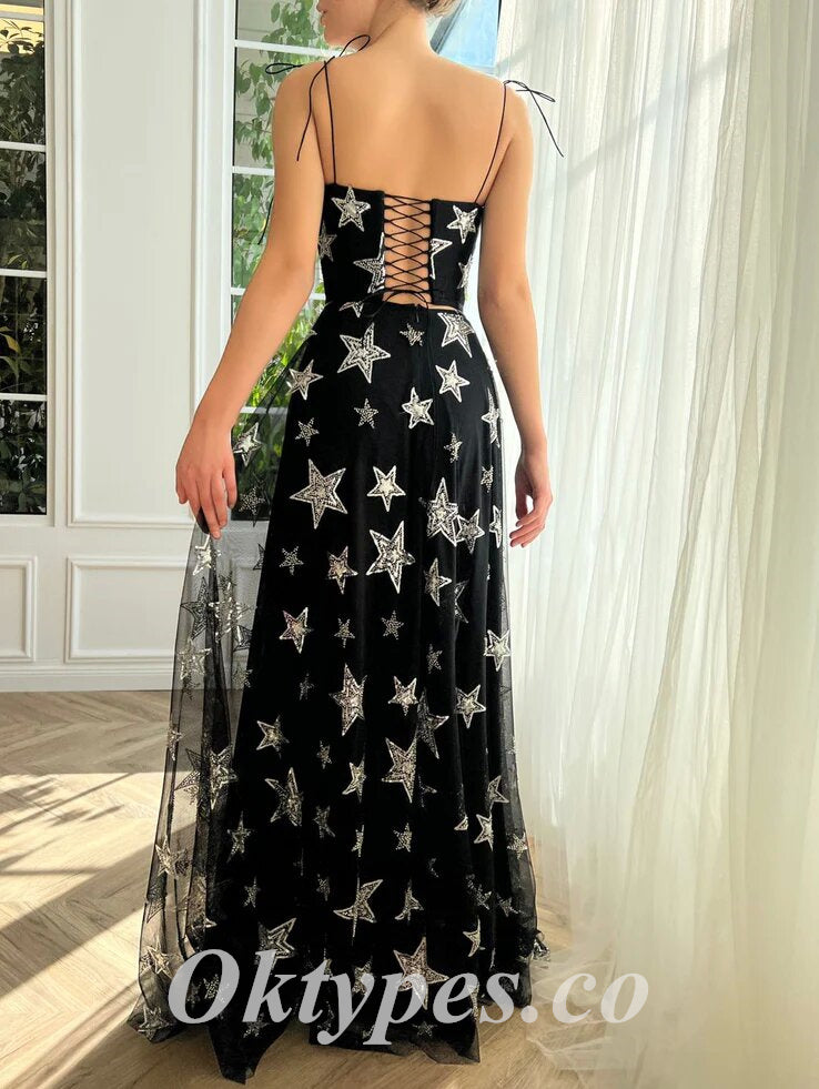 Elegant Star Tulle Two Pieces Spaghetti Straps Sleeveless A-Line Long Prom Dresses,PDS0771