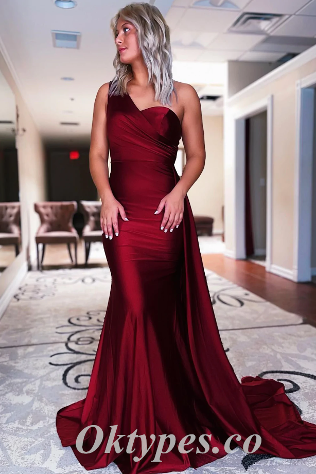 Sexy Satin One Shoulder Mermaid Long Prom Dresses With Trailing,PDS0595