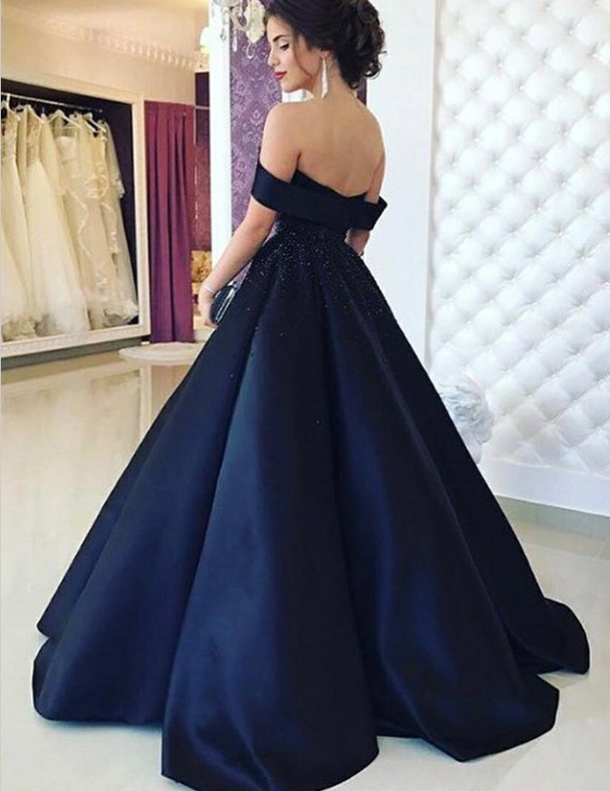 A-Line Off-the-Shoulder Pleated Navy Blue Satin Prom Dresses with Beading, TYP1302