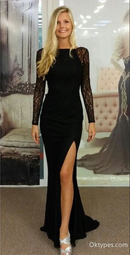 Black Jersey Lce Backless Long Sleeve Prom Dress, Evening Gown With Side Slit,PDS0317