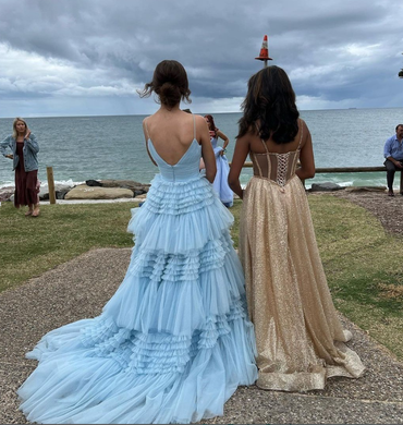 Sexy Tulle Spaghetti Straps V-Neck A-Line Long Prom Dresses, PDS0941