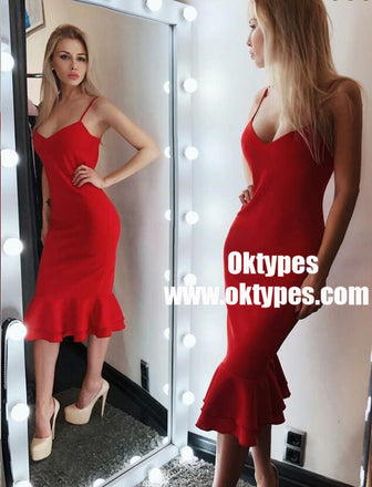 Sheath Spaghetti Straps Red Satin Homecoming Dress with Ruffles, TYP0905