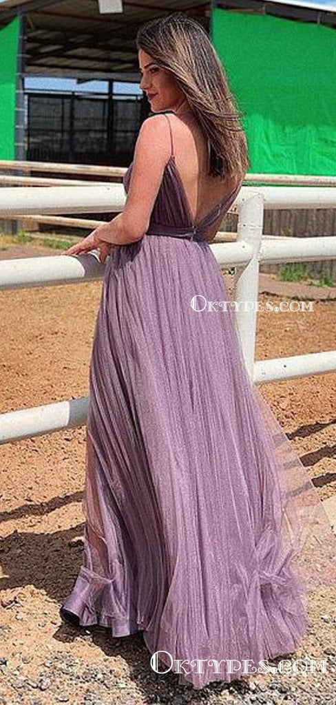 Charming V-neck Spaghetti Strap Lavender Tulle Lace Appliqued A-line Long Cheap Evening Prom Dresses, PDS0046