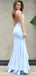 Mermaid Scoop Backless Blue Satin Prom Dresses with Split, TYP1336