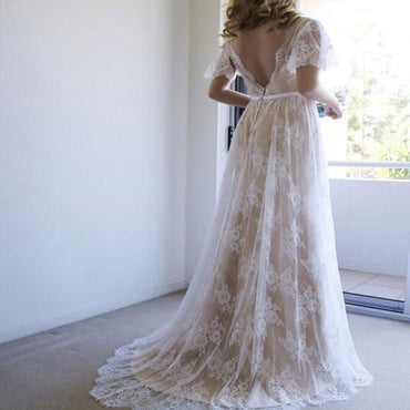 Short Sleeve V-Neck Sweep Train Lace Boho Wedding Dresses Online, TYP0996