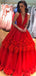 Red Charming Deep V-neck Ball Gown Tulle Long Cheap Prom Dresses, TYP1436