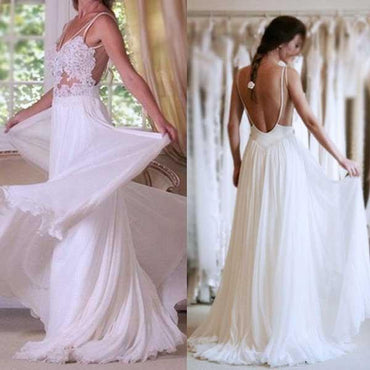 Sexy Backless Long Sheath Beach Lace Wedding Dresses, Chiffon Bridal Gown, TYP1140