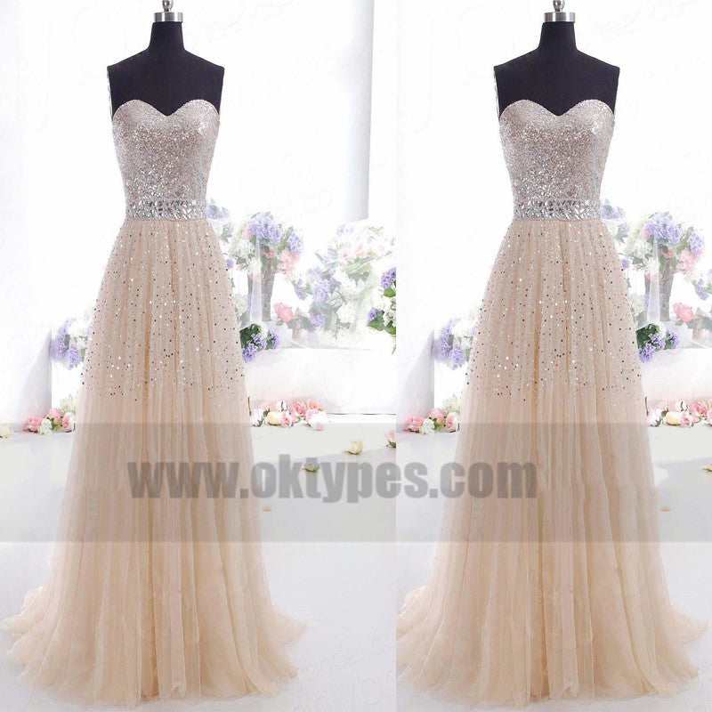 A-line/Princess Sweetheart Zipper Back Sequins Tulle Floor-length Prom Dresses with Beaded, TYP0749