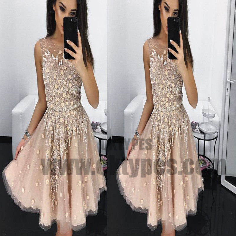 A-Line Round Neck Short Blush Homecoming Dresses with Beading, Homecoming Dresses, TYP0711