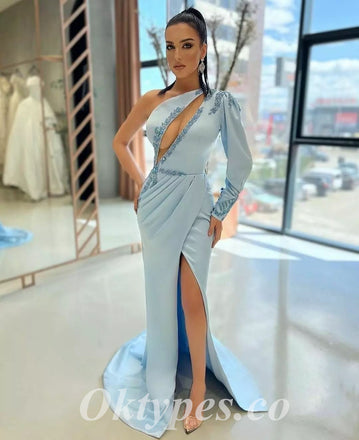 Sexy Blue Satin One Shoulder Long Sleeve Side Slit Mermaid Long Prom Dresses With Rhinestone, PDS0820