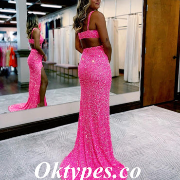 Sexy Sequin Spaghetti Straps V-Neck Sleeveless Side Slit Mermaid Long Prom Dresses, PDS0863